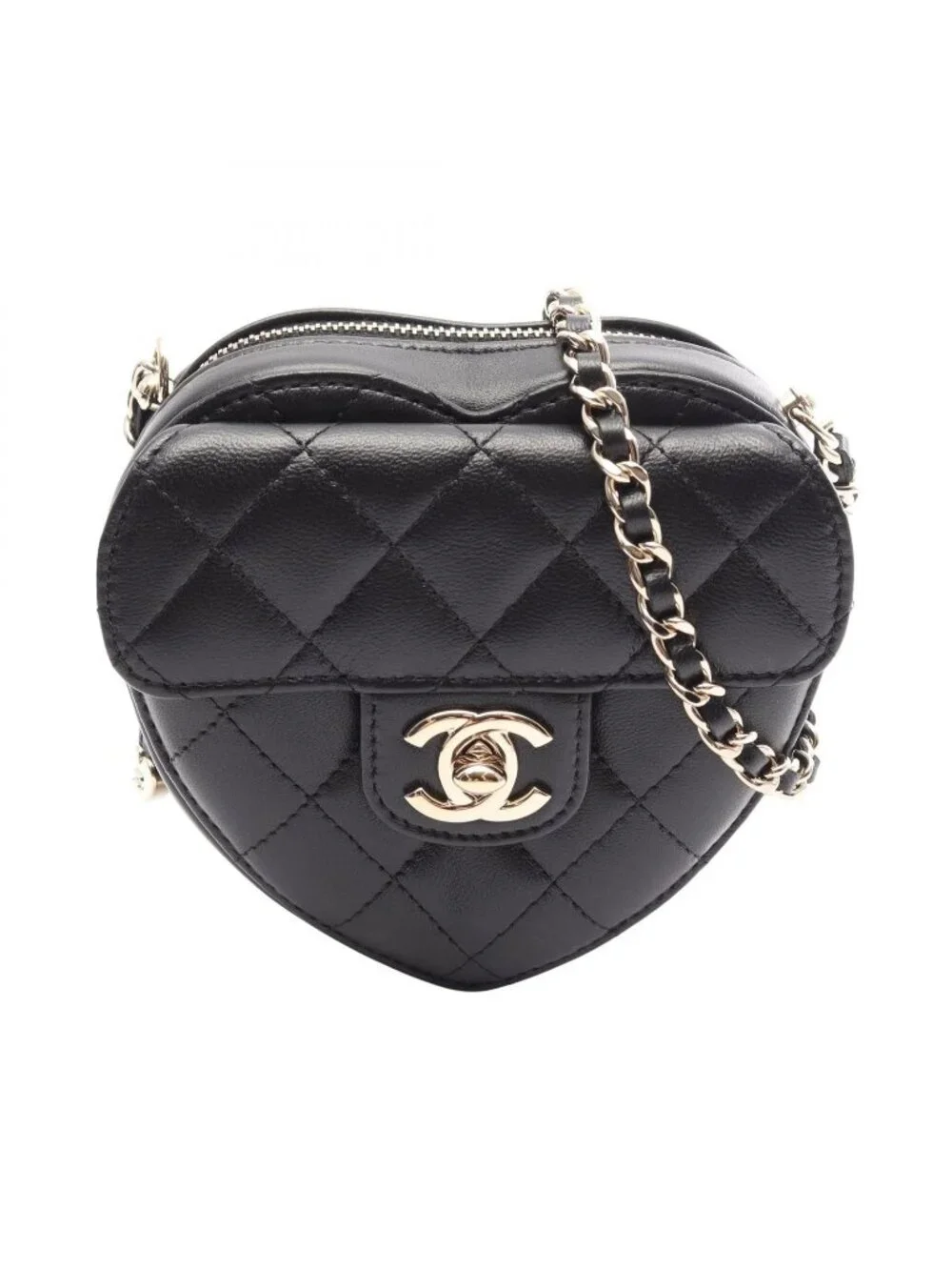 Chanel Shoulder Bag Heart Chain Clutch Quilted Black Lambskin